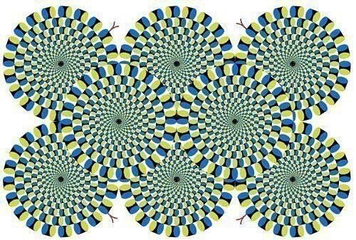 Эту иллюзию изобрел японский психиатр Акиоши Китаока. Он утверждает, что иллюзия неподвижна для спокойных, уравновешенных и отдохнувших людей. Если же иллюзия активно движется, то вам нужен отдых и сон в течение 8 часов. Ну, а если же иллюзия очень быстро движется, то вам срочно нужен… отдых в больнице. 